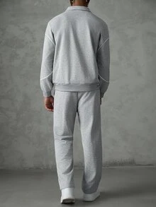 SLATEMANN Men's Long Sleeve Zip-Up Half-Placket Pullover Sweatshirt And Drawstring Waist Long Pants Set - Grey - View 2