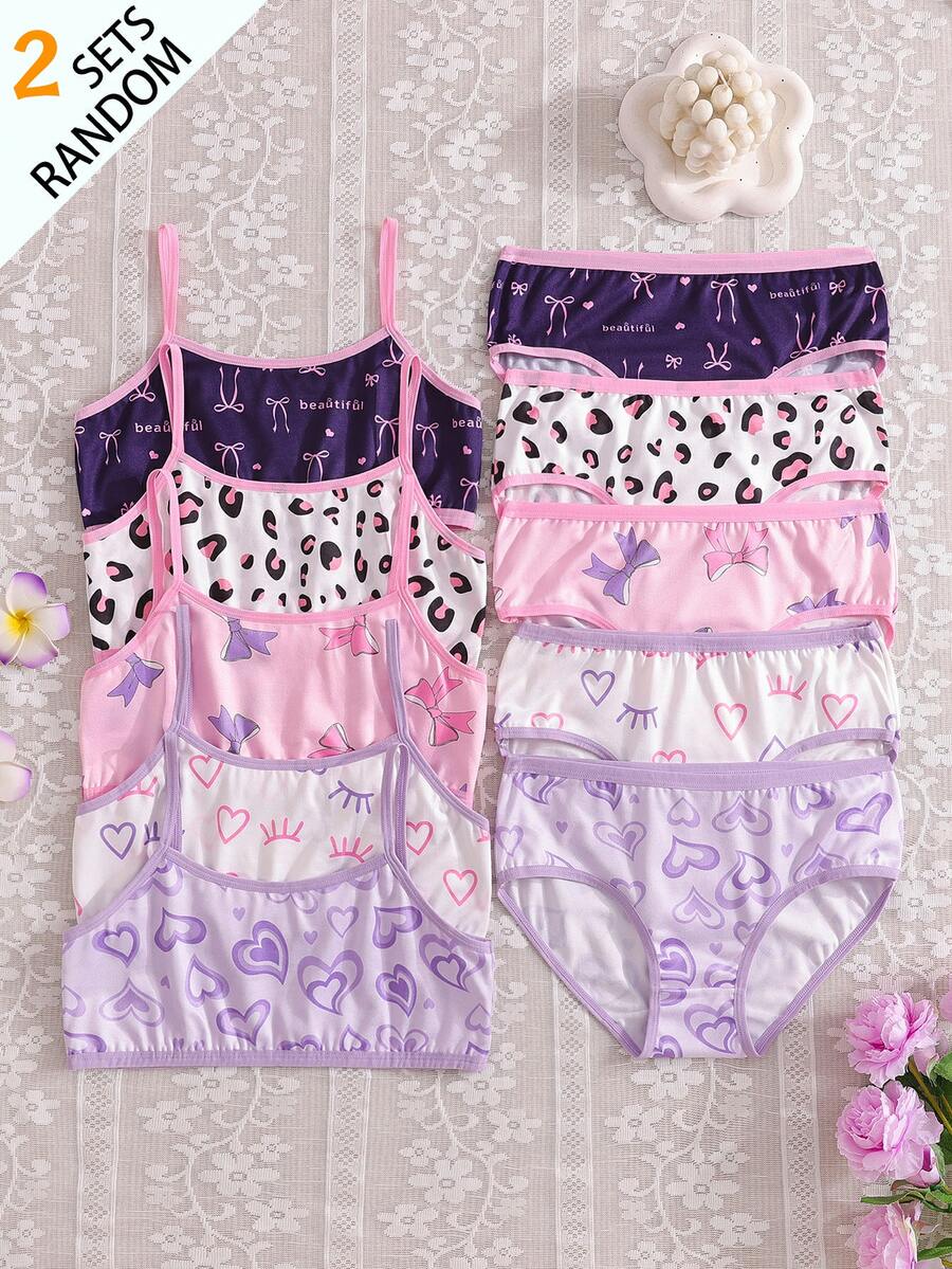7 Sets Randomly Selected 2 Sets, Girls Children Heart Winking Eyes Bow Leopard Print Series Cute Sweet Minimalist Contrast Color Basic Camisole Three-Piece Set - Multicolor - View 1