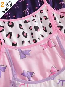7 Sets Randomly Selected 2 Sets, Girls Children Heart Winking Eyes Bow Leopard Print Series Cute Sweet Minimalist Contrast Color Basic Camisole Three-Piece Set - Multicolor - View 3
