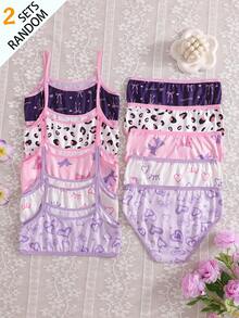 7 Sets Randomly Selected 2 Sets, Girls Children Heart Winking Eyes Bow Leopard Print Series Cute Sweet Minimalist Contrast Color Basic Camisole Three-Piece Set - Multicolor - View 2