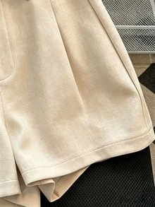 Franclia 休閒法式通勤風百搭中高腰附腰帶夏季新款白色純色女款短褲，適合早午餐與度假 - 卡其色 - 查看 5