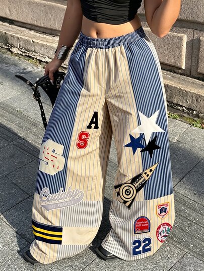 SuriyaCove Women's Loose, Wide-Leg Trousers Featuring A Color-Blocked Design Of Blue And Yellow Stripesperfect For Travel And Everyday Wear.