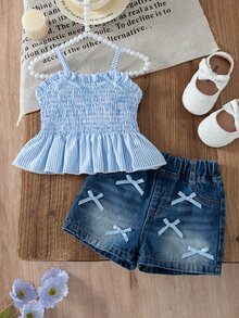 SHEIN Vintaside Kids Adorable Baby Girls Polyester Blue Sleeveless Tank Top And Short Set With Plant Pattern And Bow Details - Blue - View 7