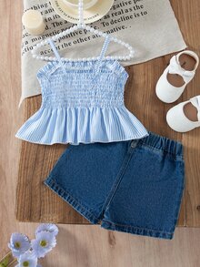 SHEIN Vintaside Kids Adorable Baby Girls Polyester Blue Sleeveless Tank Top And Short Set With Plant Pattern And Bow Details - Blue - View 5