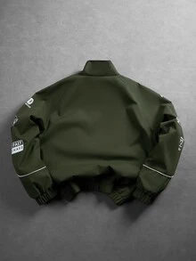 Manfinity EMRG 男士印花休閒長袖戶外防風夾克外套，長袖賽車夾克 - 軍綠色 - 查看 2