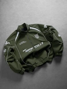 Manfinity EMRG 男士印花休閒長袖戶外防風夾克外套，長袖賽車夾克 - 軍綠色 - 查看 3