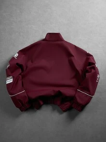 Manfinity EMRG 男士印花休閒長袖戶外防風夾克外套，長袖賽車夾克 - 酒紅色 - 查看 2