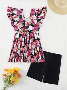 SHEIN Swim 夏季沙灘女士荷葉邊花印上衣和純色泳衣短褲 - 彩色 - 查看 4