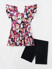 SHEIN Swim 夏季沙灘女士荷葉邊花印上衣和純色泳衣短褲 - 彩色 - 查看 2