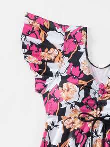 SHEIN Swim 夏季沙灘女士荷葉邊花印上衣和純色泳衣短褲 - 彩色 - 查看 3