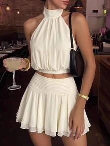 SHEIN Tall Setelan 2 Potong Wanita, Atasan Tanpa Lengan Berkerut Leher Halter Chiffon Kuning Musim Gugur/Dingin & Rok A-Line Berkerut Dua Lapis Chiffon, Setelan 2 Potong Elegan - Kuning muda - View 2