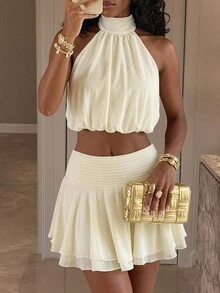 SHEIN Tall Setelan 2 Potong Wanita, Atasan Tanpa Lengan Berkerut Leher Halter Chiffon Kuning Musim Gugur/Dingin & Rok A-Line Berkerut Dua Lapis Chiffon, Setelan 2 Potong Elegan - Kuning muda - View 3