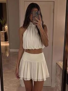 SHEIN Tall Setelan 2 Potong Wanita, Atasan Tanpa Lengan Berkerut Leher Halter Chiffon Kuning Musim Gugur/Dingin & Rok A-Line Berkerut Dua Lapis Chiffon, Setelan 2 Potong Elegan - Kuning muda - View 6