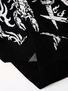 ROMWE Goth 暗黑哥德風黑色貓咪骨架星星月亮蛇紋提花寬鬆大尺碼套頭毛衣 - 黑色 - 查看 5