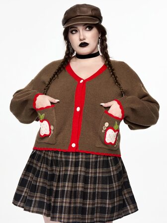 Kawaii Vintage Cute Plus Size Women's Knitted Cardigan Apple Embroidery V-Neck Short Petal Sleeve Sweater Jacket Mori Style Preppy Outfit