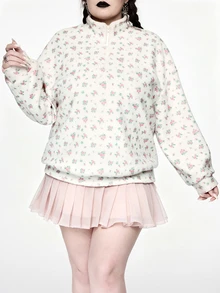Sweetness Plus Size Women's Lamb Wool Fresh Ditsy Floral Autumn/Winter Sweatshirt - White - View 1