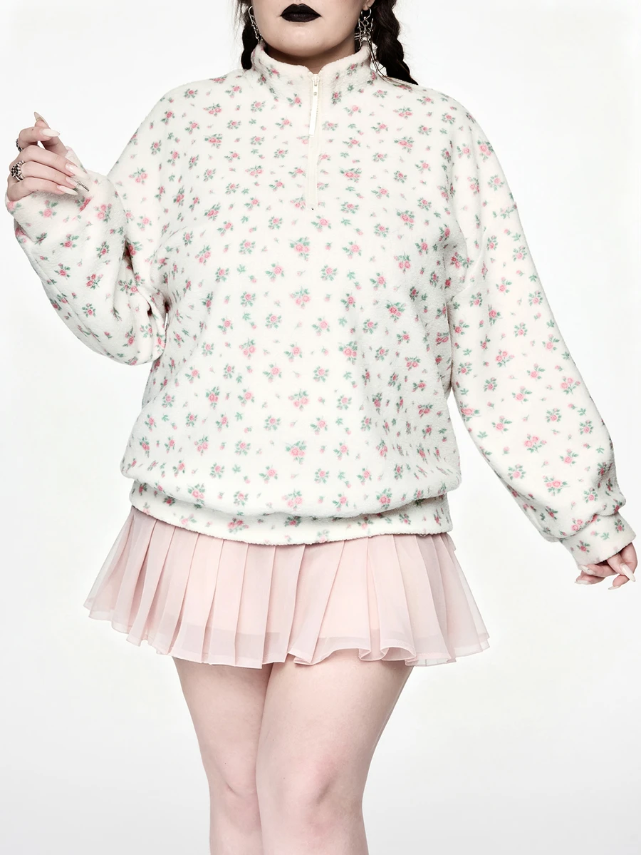 Sweetness Plus Size Women's Lamb Wool Fresh Ditsy Floral Autumn/Winter Sweatshirt - White - View 1