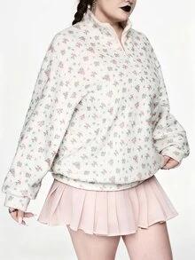 Sweetness Plus Size Women's Lamb Wool Fresh Ditsy Floral Autumn/Winter Sweatshirt - White - View 4