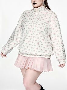 Sweetness Plus Size Women's Lamb Wool Fresh Ditsy Floral Autumn/Winter Sweatshirt - White - View 3