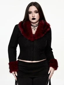 ROMWE Dark Gothic Plus Size Women's Knitted Cardigan With Plush Collar Design, Party & Date Winter Long Sleeve Slim Fit Top - Black - View 6