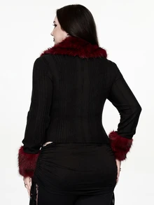 ROMWE Dark Gothic Plus Size Women's Knitted Cardigan With Plush Collar Design, Party & Date Winter Long Sleeve Slim Fit Top - Black - View 3