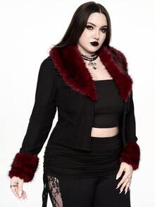ROMWE Dark Gothic Plus Size Women's Knitted Cardigan With Plush Collar Design, Party & Date Winter Long Sleeve Slim Fit Top - Black - View 8