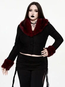 ROMWE Dark Gothic Plus Size Women's Knitted Cardigan With Plush Collar Design, Party & Date Winter Long Sleeve Slim Fit Top - Black - View 1