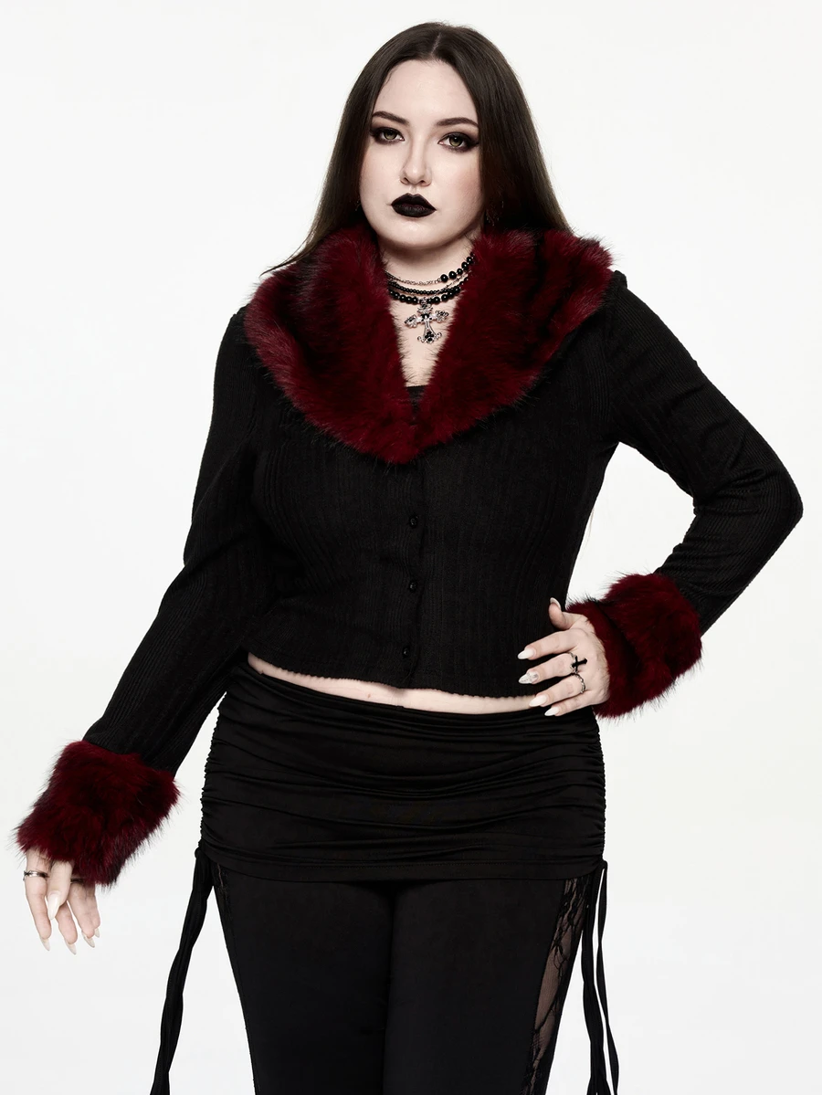 ROMWE Dark Gothic Plus Size Women's Knitted Cardigan With Plush Collar Design, Party & Date Winter Long Sleeve Slim Fit Top - Black - View 1