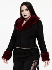 ROMWE Dark Gothic Plus Size Women's Knitted Cardigan With Plush Collar Design, Party & Date Winter Long Sleeve Slim Fit Top - Black - View 4