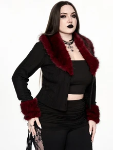ROMWE Dark Gothic Plus Size Women's Knitted Cardigan With Plush Collar Design, Party & Date Winter Long Sleeve Slim Fit Top - Black - View 2
