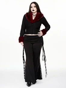 ROMWE Dark Gothic Plus Size Women's Knitted Cardigan With Plush Collar Design, Party & Date Winter Long Sleeve Slim Fit Top - Black - View 7