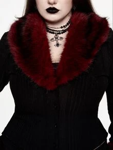 ROMWE Dark Gothic Plus Size Women's Knitted Cardigan With Plush Collar Design, Party & Date Winter Long Sleeve Slim Fit Top - Black - View 5