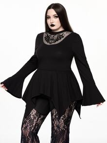 ROMWE Dark Forbidden Forest Boho Goth Snake Eye Hollow Design Plus Size Fitted Mock Neck Women's Top - Black - View 4