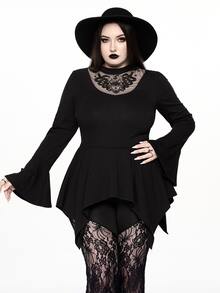 ROMWE Dark Forbidden Forest Boho Goth Snake Eye Hollow Design Plus Size Fitted Mock Neck Women's Top - Black - View 8