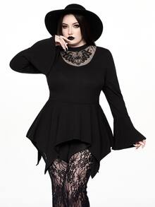 ROMWE Dark Forbidden Forest Boho Goth Snake Eye Hollow Design Plus Size Fitted Mock Neck Women's Top - Black - View 1