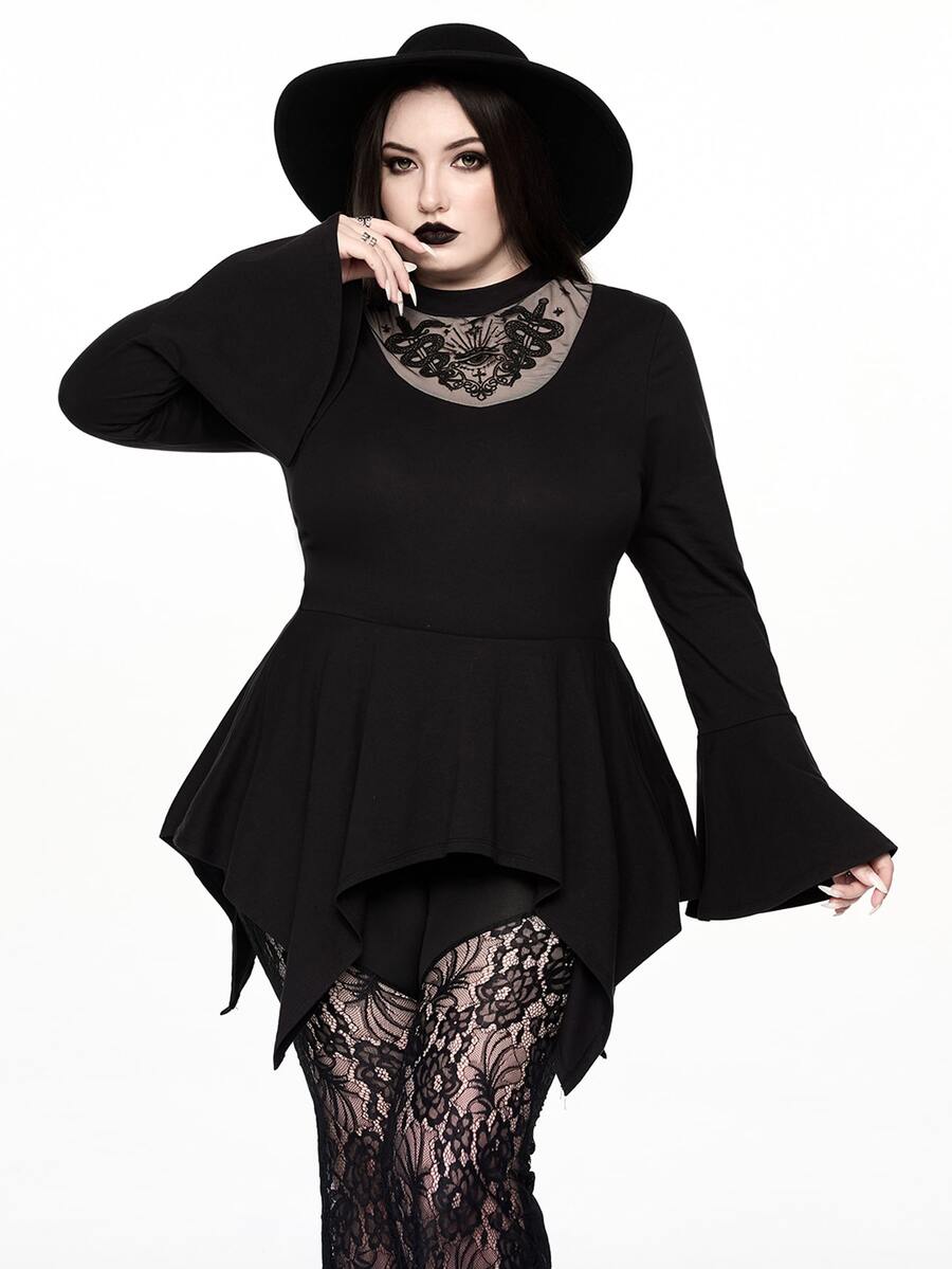 ROMWE Dark Forbidden Forest Boho Goth Snake Eye Hollow Design Plus Size Fitted Mock Neck Women's Top - Black - View 1