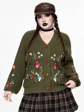 Fairycore Cardigan in maglia stile Mori vintage taglie forti da donna con ricamo di cervi e funghi, giacca maglione a maniche lunghe con scollo a V, outfit delicato per tutti i giorni