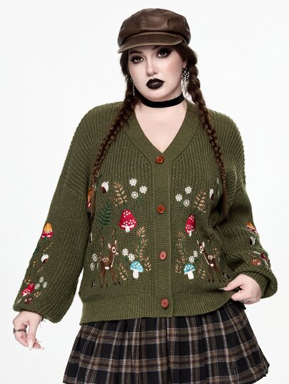 Fairycore Mori Style Vintage Plus Size Women's Knitted Cardigan With Deer & Mushroom Embroidery, V-Neck Long Sleeve Sweater Jacket, Gentle Everyday Outfit
