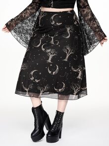 ROMWE Dark Gothic Mystical Hippie Sun Moon Stars Black Cat Tree Branch Print Plus Size Mesh Skirt Halloween Party Night - Black - View 3