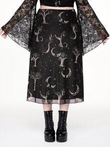 ROMWE Dark Gothic Mystical Hippie Sun Moon Stars Black Cat Tree Branch Print Plus Size Mesh Skirt Halloween Party Night - Black - View 1