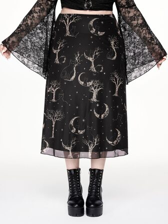 Dark Gothic Mystical Hippie Sun Moon Stars Black Cat Tree Branch Print Plus Size Mesh Skirt Halloween Party Night