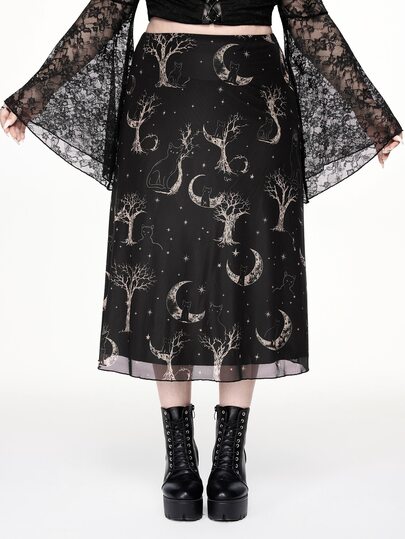 Goth Gonna in rete taglie forti con stampa gotica scura mistica hippie sole luna stelle gatto nero ramo d'albero per festa di Ognissanti e serata