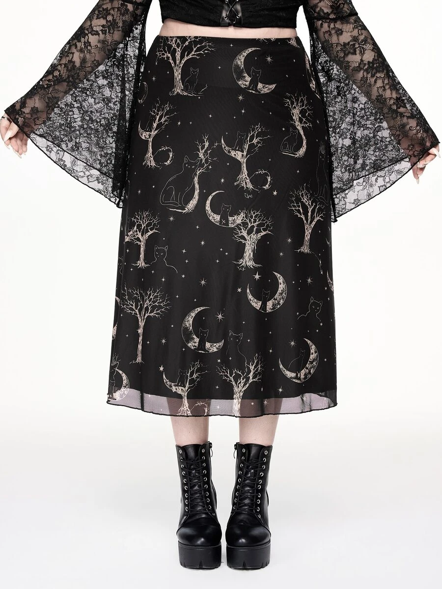 ROMWE Dark Gothic Mystical Hippie Sun Moon Stars Black Cat Tree Branch Print Plus Size Mesh Skirt Halloween Party Night - Black - View 1