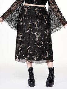 ROMWE Dark Gothic Mystical Hippie Sun Moon Stars Black Cat Tree Branch Print Plus Size Mesh Skirt Halloween Party Night - Black - View 5