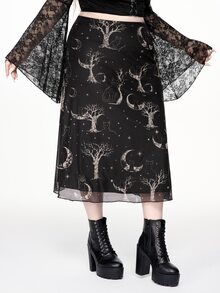 ROMWE Dark Gothic Mystical Hippie Sun Moon Stars Black Cat Tree Branch Print Plus Size Mesh Skirt Halloween Party Night - Black - View 4