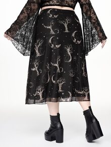 ROMWE Dark Gothic Mystical Hippie Sun Moon Stars Black Cat Tree Branch Print Plus Size Mesh Skirt Halloween Party Night - Black - View 6