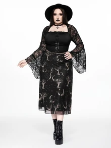 ROMWE Dark Gothic Mystical Hippie Sun Moon Stars Black Cat Tree Branch Print Plus Size Mesh Skirt Halloween Party Night - Black - View 2