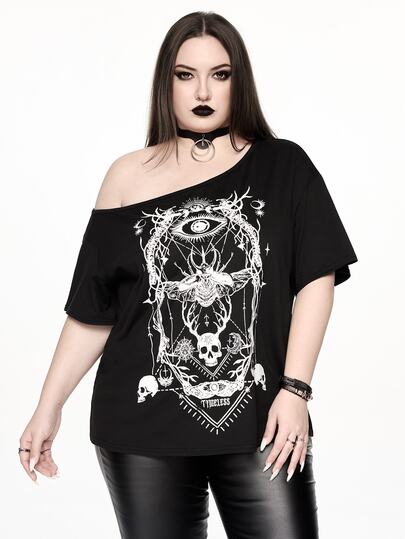 Dark Gothic Skull Insect Skeleton Astrolabe Print Plus Size Women Loose One-Shoulder Drop Shoulder T-Shirt