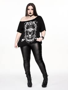 ROMWE Goth 深色哥德風骷髏昆蟲骨架星盤印花大尺碼女款寬鬆單肩落肩T恤，黑色，適合萬聖節演唱會夏季穿著 - 黑色 - 查看 8