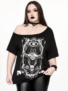 ROMWE Goth 深色哥德風骷髏昆蟲骨架星盤印花大尺碼女款寬鬆單肩落肩T恤，黑色，適合萬聖節演唱會夏季穿著 - 黑色 - 查看 7